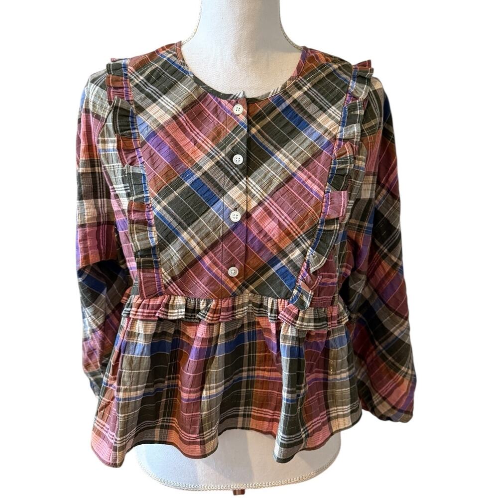 Veronica Beard Katalina Peplum Plaid Top Olive Green Rose 4